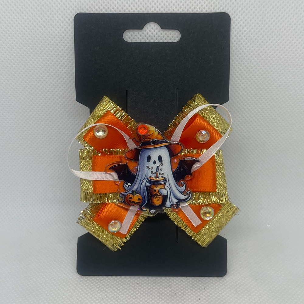 Halloween Ghost Hair Bow with Gold and Orange Accents
